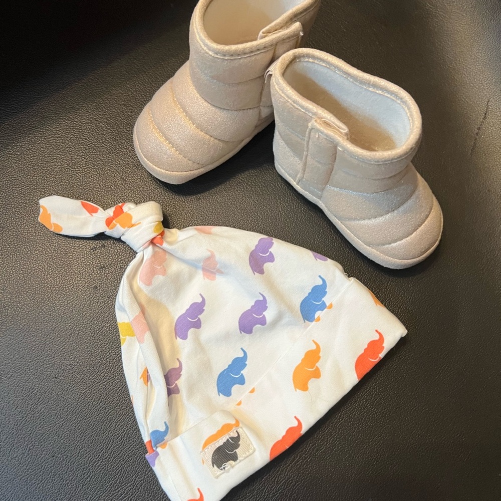 Baby Booties and Elephant Print Hat Set